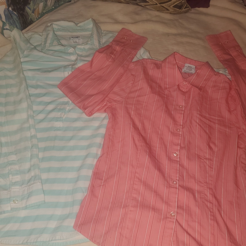 Striped Button-Down Shirts - Aqua and Coral